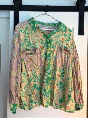 LOFT Multicolor Floral Button-Down Blouse in Green, Lavender & Yellow